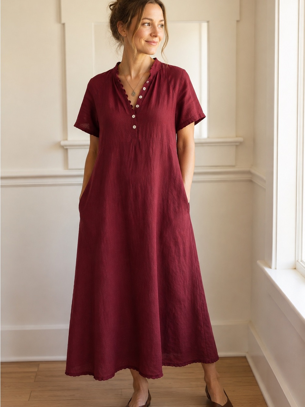 Burgundy Button-Front Linen Maxi Dress Sugar candy mountain small